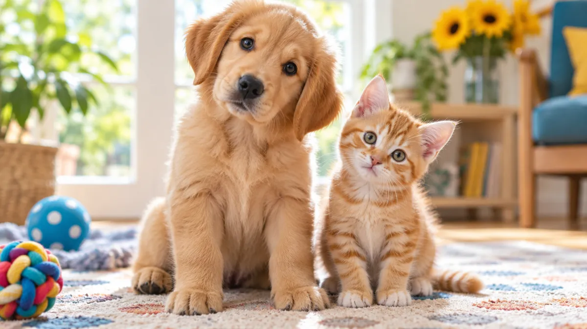 A golden retriever puppy and a ginger kitten sitting side by side with curious, tilted heads