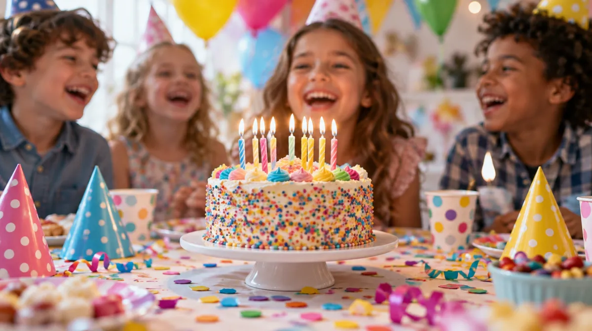 A colorful birthday cake with lit candles, paper party hats and confetti, with children laughing behind