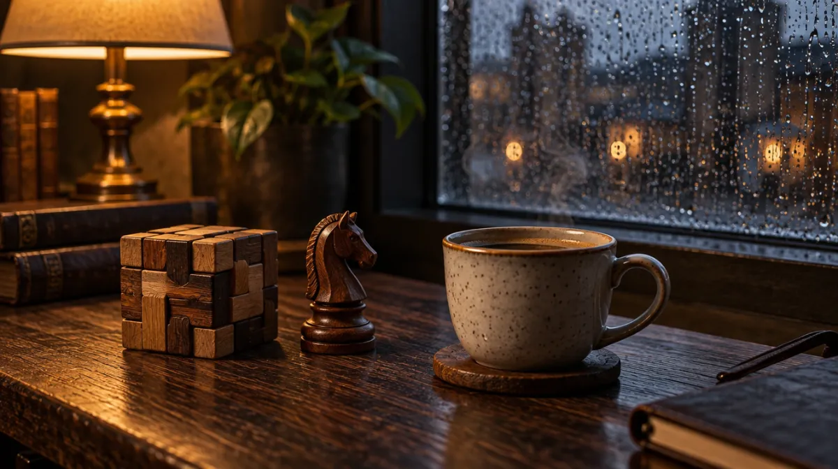 A wooden puzzle cube, a chess piece and a cup of coffee on a dark table by a window
