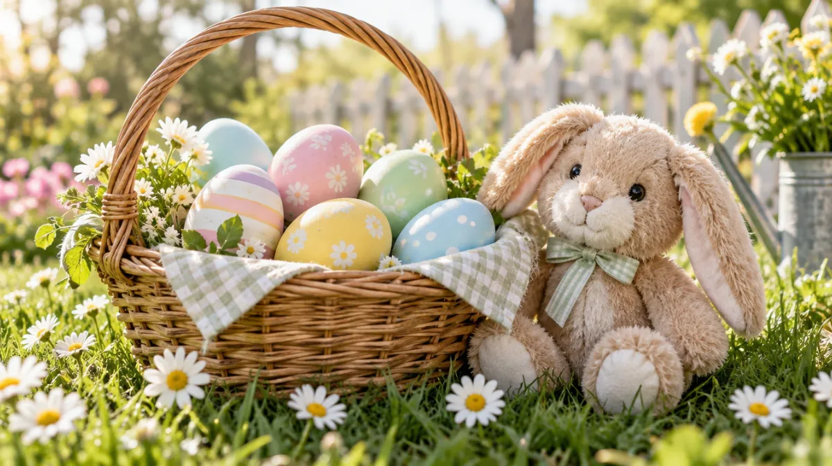 Pastel painted Easter eggs in a wicker basket on spring grass with daisies and a plush toy bunny