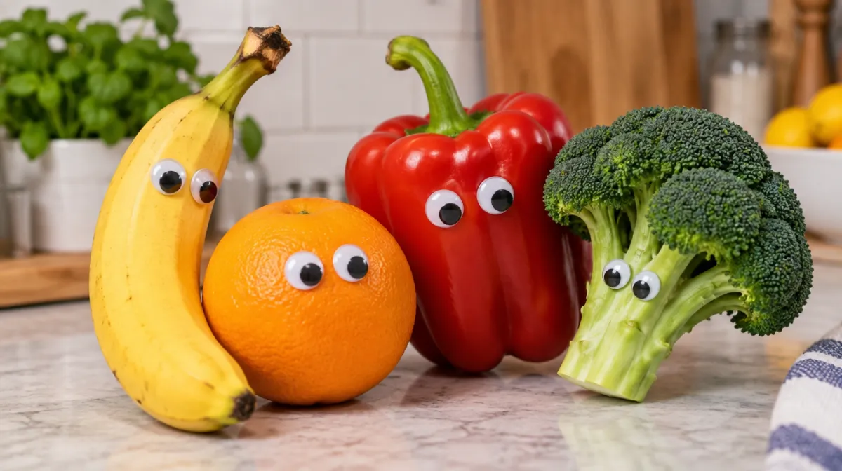A banana, an orange, a pepper and broccoli with small googly eyes stuck on them, arranged on a kitchen counter