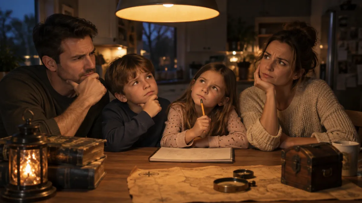 A family around a kitchen table under a warm lamp, looking puzzled, with a notebook and pencil in front of them