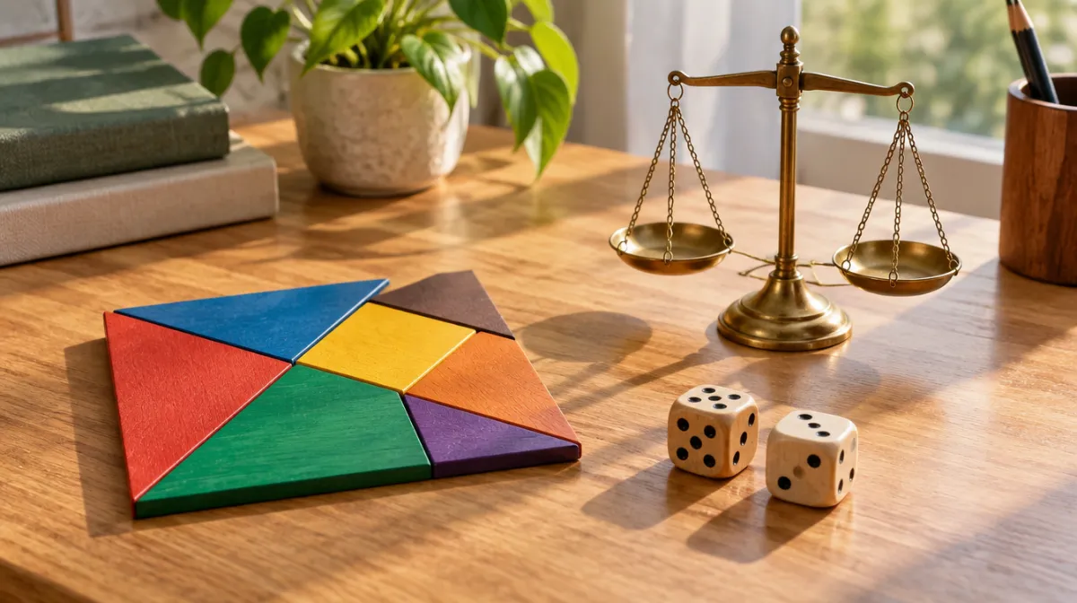 Colorful wooden tangram pieces, a pair of dice and a small brass balance scale on a desk