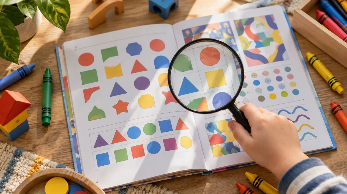 A child’s hand holding a magnifying glass over a colourful puzzle book