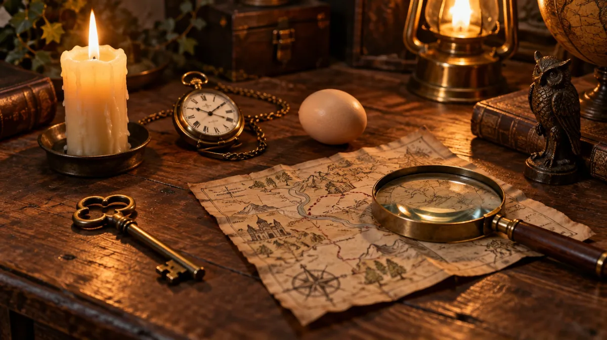 A brass key, candle, pocket watch, egg and magnifying glass on an old desk