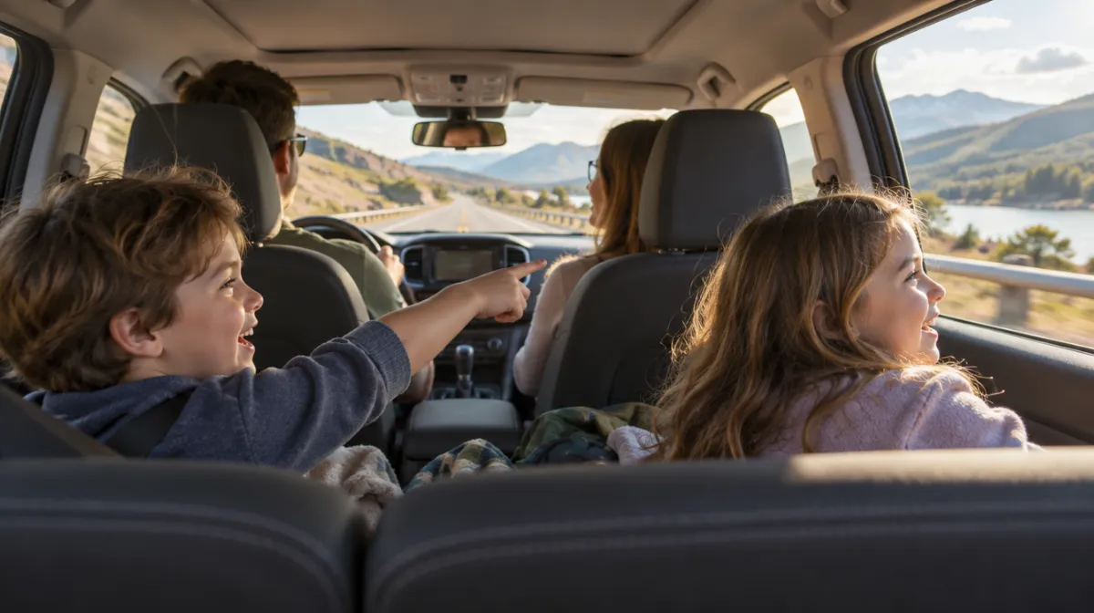 Two children laughing in the back seat of a car on a sunny road trip, pointing out of the window at the countryside