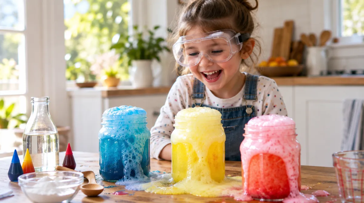 A child in safety goggles laughing at a colorful fizzing experiment in glass jars at a kitchen table