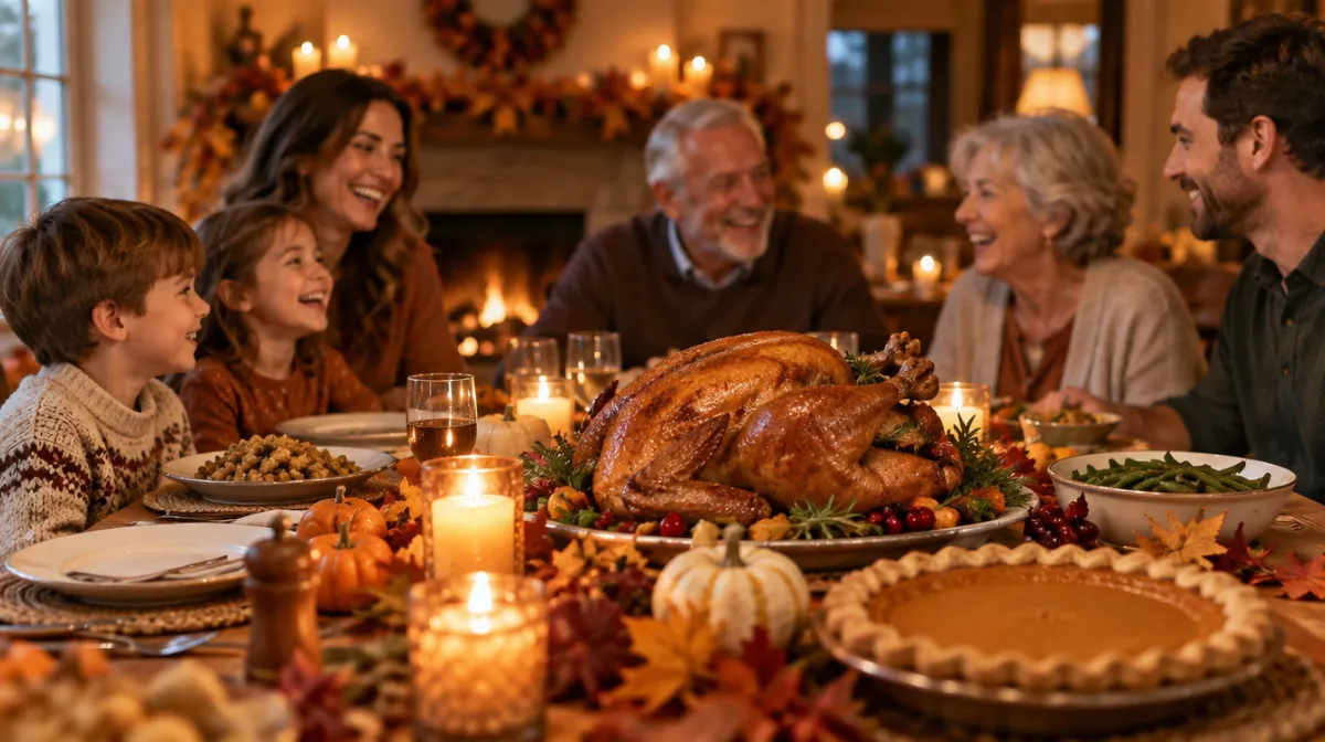 A Thanksgiving dinner table with a roast turkey, pumpkin pie, autumn leaves and a family laughing together