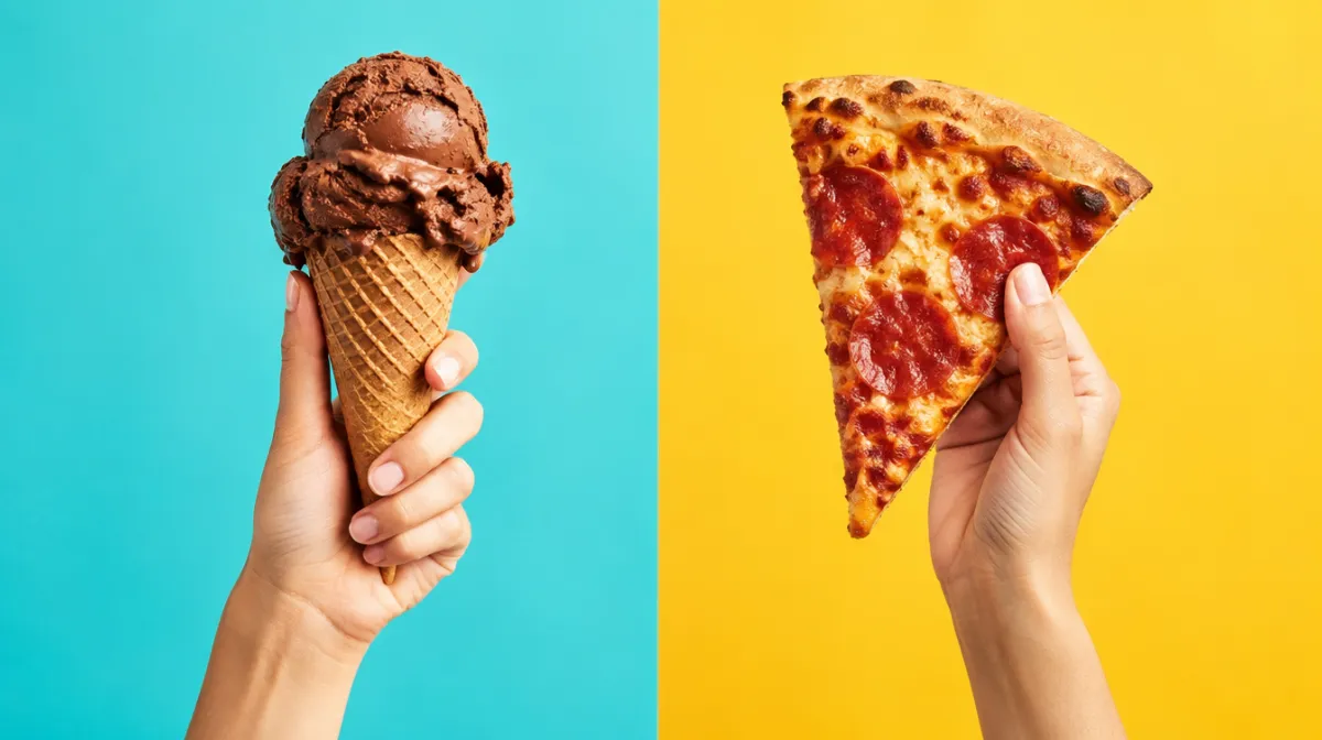 Two hands held up against a bright two-tone background, one holding a chocolate ice cream cone and the other a slice of pizza