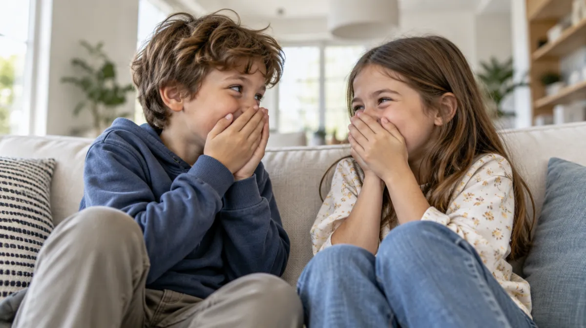 Two siblings on a sofa giggling with hands over their mouths as one tries to say something very fast