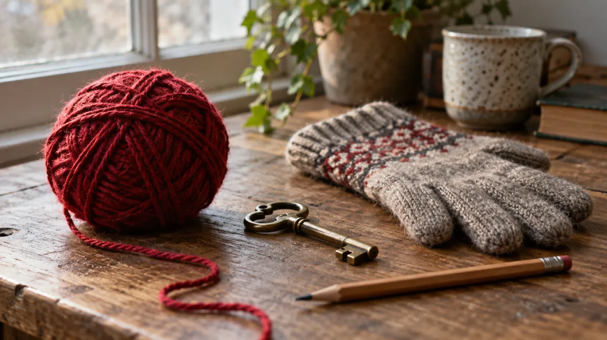 A ball of yarn, a brass key, a knitted glove and a pencil arranged on a wooden table